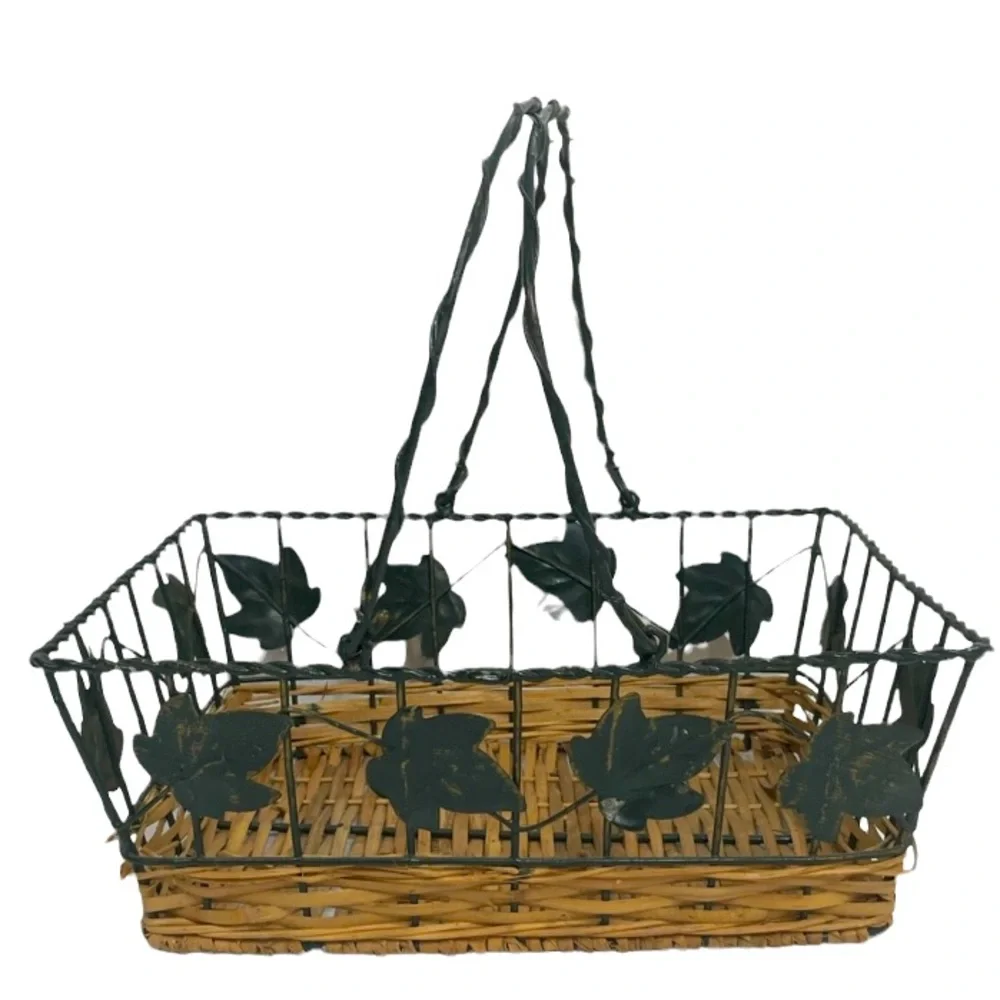 Vintage Basket Hand Crafted Woven Wicker Metal Cottage Kitchen Gathering Basket